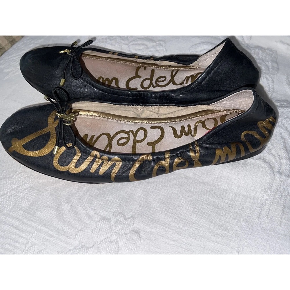 Sam Edelman Women's SZ 7 Felicity Logo Black Leather Slip-on Ballet Flats EUC - Picture 3 of 5